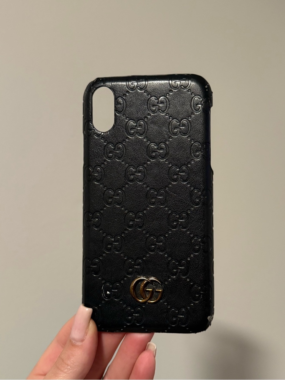 Gucci Black Embossed GG Leather iPhone XR Case with Gold Double G